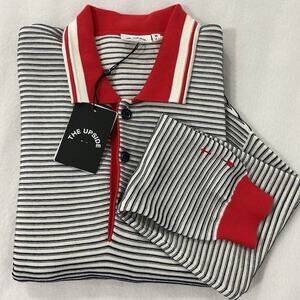 THE UPSIDE NWT Wonder Knit Polo Collared Navy White Stripe Oversized Medium